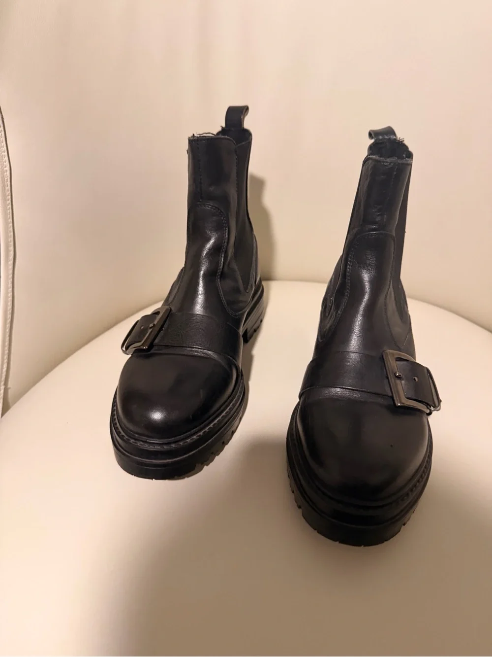 Black Chunky Leather Buckle Boots